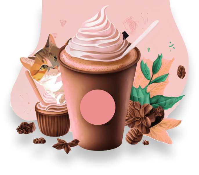 Imagem de fundo do header - Ilustração colorida de um copo de café próximo de um gato